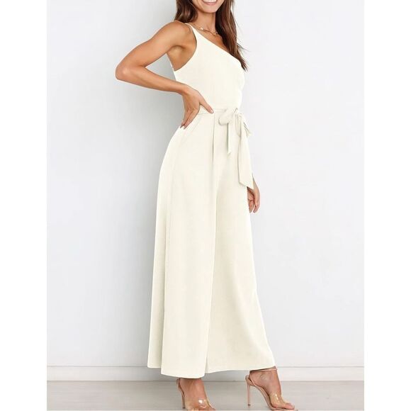 NEW Dressy 1 Shoulder Wide Leg Jumpsuit Romper Pockets L NO BELT - Picture 2 of 5